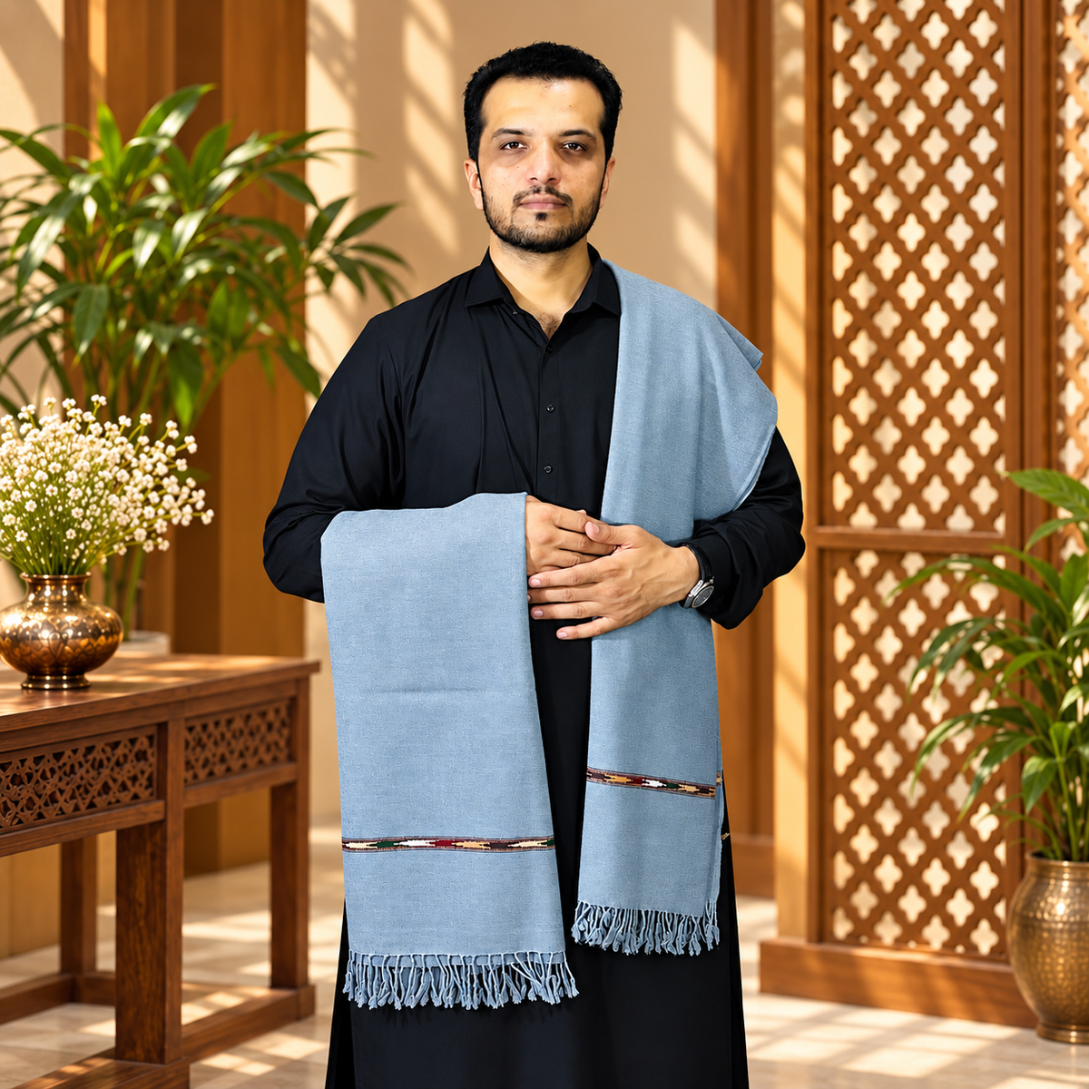 Australian Wool Shawl – Grey Pakistani Flower