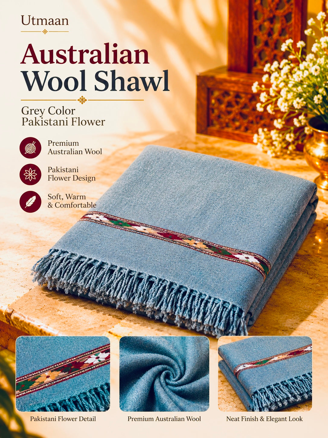 Australian Wool Shawl – Grey Pakistani Flower