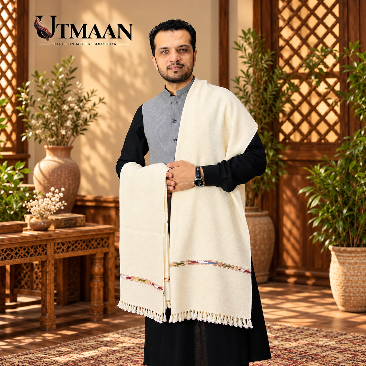 Pashmina Shawl – Hand-Made Khaddi Single Line Men’s Shawl